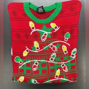 Well Worn Red and Green Holiday Lights Sweater